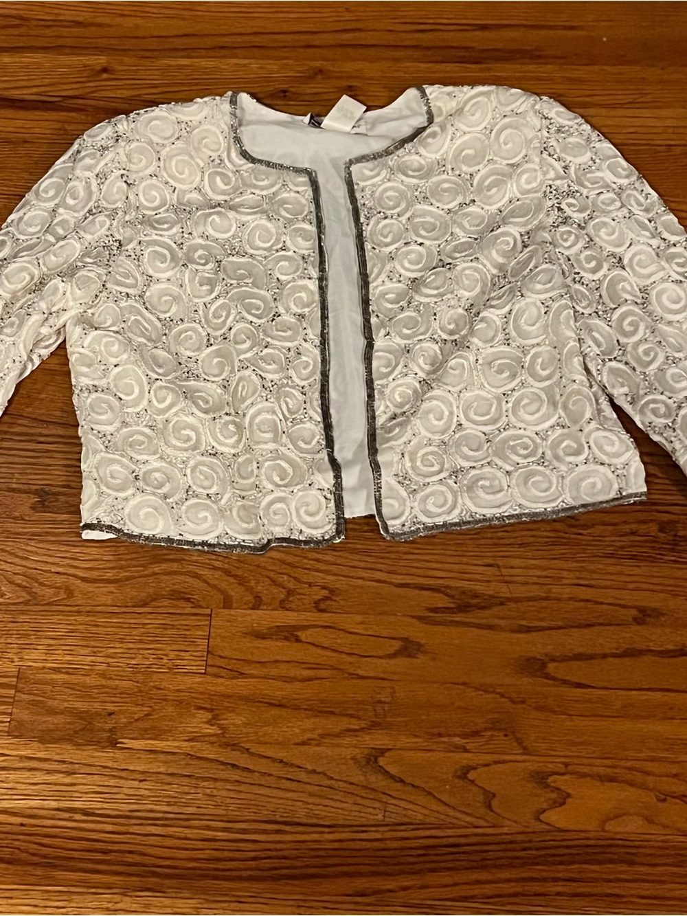 Vintage Laurence Kazar White Beaded Cropped Jacket with Silver Trim